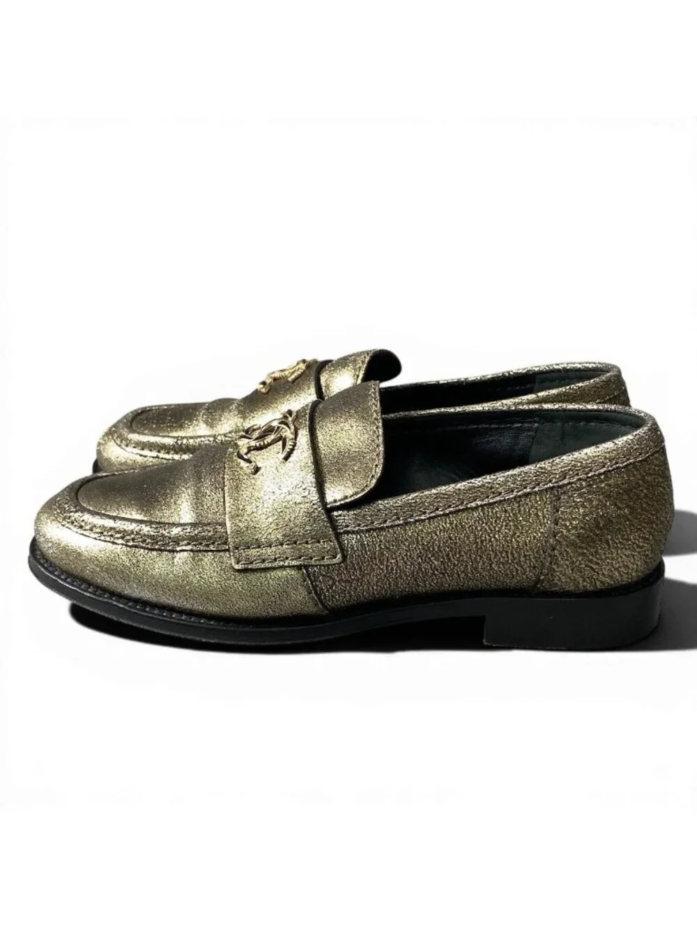 Chanel G9 CC Logo Metallic Gold Loafers